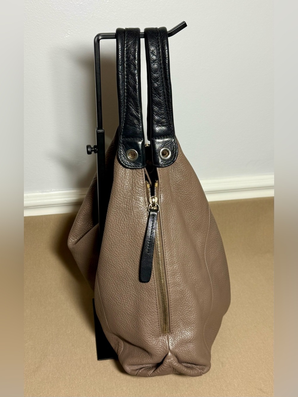 Furla Taupe Grey Pebbled Leather Hobo Shoulder Bag | Side Zip Expansion Panels - Picture 7 of 14